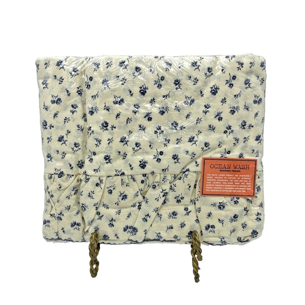 New Ralph Lauren TWIN Flat Ruffled‎ Sheet Americana Calico Blue Flowers NOS